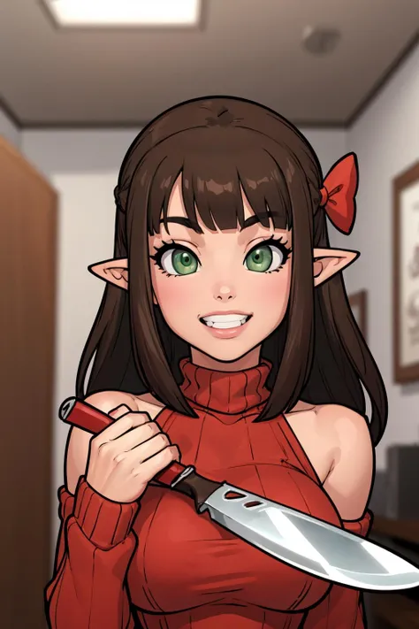 (masterpiece, best quality:1.2),  <lora:rabiestlagomorph:.98>, rabiestlagomorph, 1girl, green eyes, pointy ears, brown hair, solo, long hair, knife, holding knife, smile, bow, hair bow, bangs, holding, upper body, red sweater, clothing cutout, bare shoulders, blunt bangs, white bow, artist name, shoulder cutout, long sleeves, red nails, sweater, turtleneck, blurry, blurry background, breasts, grin