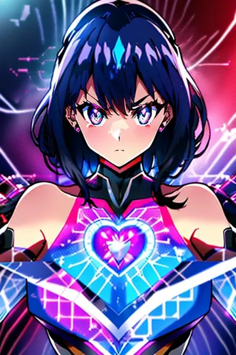 masterpiece,best quality,highly detailed,1girl,solo,
<lora:holoChest:0.7>,holoChest,holographic print,serious,concentrating,v-shaped eyebrows,glowing,heart gem on chest,holographic hair,holographic skin,looking at viewer,
<lora:takarada_rikka_v1:0.6>,takarada rikka,(extremely beautiful detailed black hair, blue eyes, long hair),upper body,holographic heart gem on chest,(((outstretched arms))),mecha musume,robot,