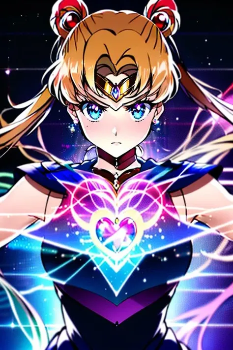 masterpiece,best quality,highly detailed,1girl,solo,
<lora:holoChest:0.8>,holoChest,holographic print,serious,concentrating,v-shaped eyebrows,glowing,heart gem on chest,holographic hair,
<lora:sailor_moon_v1:0.8>, aausagi,double bun,twintails,parted bangs,circlet,jewelry,earrings,choker,red bow,white gloves,elbow gloves,blue skirt,