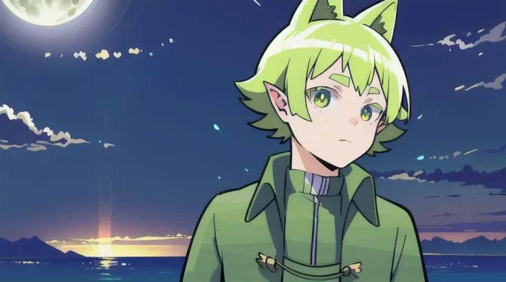 (best quality, realistic, beautiful:1.4), (natural lighting, detailed, intricate, amazing, absurdres, 4k, HDR:1.0), 1boy, male focus, solo, <lora:barsrobintest:1>, (cat ears), freckles, looking at viewer, (green hair) green jacket, ((night sky, full moon)), smug, (full body)