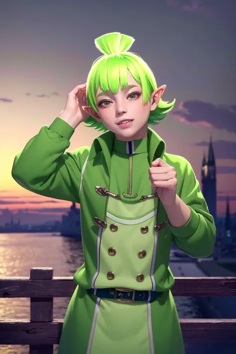whole body shot, 1boy, solo, male focus, volumetric lighting, best quality, masterpiece, intricate details, tonemapping, sharp focus, hyper detailed, absurdres, highres, <lora:BarsRobin1:1>, green jacket, green capelet, extremely detailed green hair, extremely detailed face, extremely detailed hair, extremely detailed ears, extremely detailed green eyes, extremely detailed fangs, extremely detailed nose, extremely detailed lips, extremely detailed neck, extremely detailed body, extremely detailed limbs, extremely detailed hands, extremely detailed fingers, collar bone, looking at viewer, smile, hand behind head, head tilt, outdoors, dusk, gloomy atmosphere, gothic architecture, overlooking town, dynamic pose, walking, <lora:hipoly_3dcg_v7-epoch:0.2>,