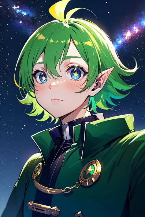 1boy, upper body portrait, night, male focus, solo, <lora:barsrobintest-07:0.5>, pointy ears, green hair, green jacket, green capelet, amazed, thinking, (looking up:1.05), (beautiful night sky, starry sky, milky way:1.1), dynamic angle, from below, beautifully lit