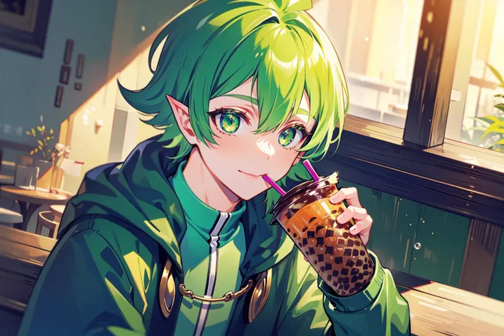 1boy, upper body portrait, male focus, solo, <lora:barsrobintest-07:0.55>, (holding bubble tea cup, drinking from straw:1.1), (pointy ears:0.9), looking forward, drinking, at restaurant, green hair, green jacket, green capelet, happy, dynamic angle, beautifully lit