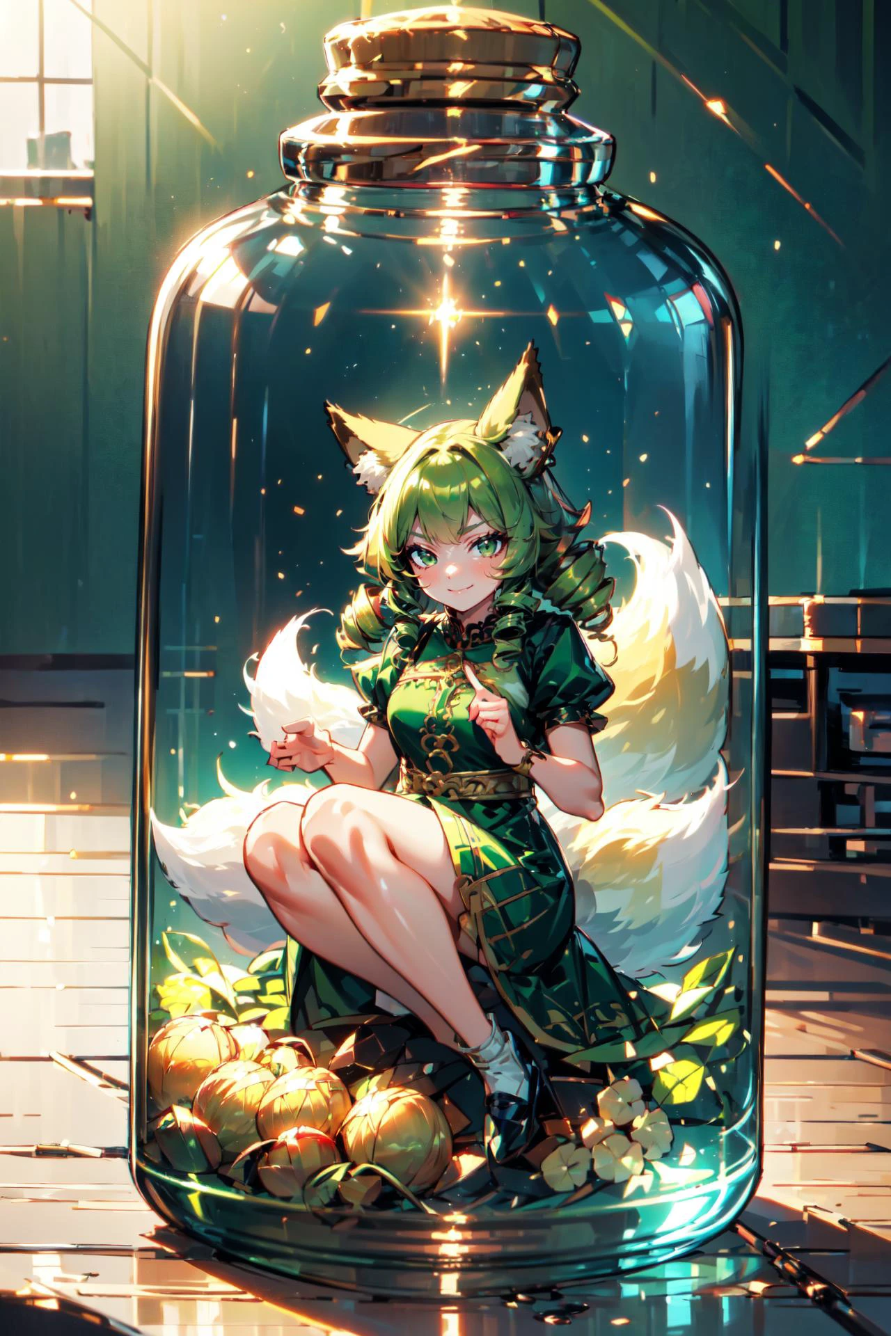 (high quality, best quality, 4k, 2k, (intricate:1.1), (high detail:1.3)), ((bottle, in glass bottle)), (official wallpaper, volumetric lighting, dynamic lighting),
1girl, solo, (fox girl, fox ears, fox tail), ((fluffy)), green dress,
blonde hair, green eyes, jewelry, gold trim, ojou curls,
full body, sitting, ((smug)),
<lora:GlassBottle:0.6>, <lora:n15g_aio_hairstyles-1.0:1>