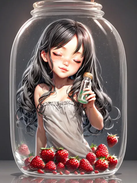 (strawberry:1.25), (1girl:1.5), (dutch angle:1.3), (extremely detailed beautiful face, extremely detailed beautiful eyes:1.1), (nose blush:1.4), <lora:SleePeace3_LECO:4> (sleepeace:1.2), ((pixar style:0.8) 26 year old sexy naked (chinese girl:1.2), (short:1.3), (petite:1.3), (chubby:1.2), (small breasts:1.4), dimples, freckles, pitch black hair, twin tail odango hair style, rich emerald eyes, (wide hips:0.8), thigh gap), <lora:Add Detail:0:hr=0.5><lora:Add More Details:0:hr=0.5><lora:add-detail-xl:0:hr=0.5>, <lora:epiNoiseoffset_v2-pynoise:0.5><lora:Add Brightness:0.65><lora:LowRA v2:0.05>dark theme, Circlet, <lora:GrayClay_V1.5.5:1> Gray Clay, <lora:GlassBottle:0.6> bottle, In glass bottle,