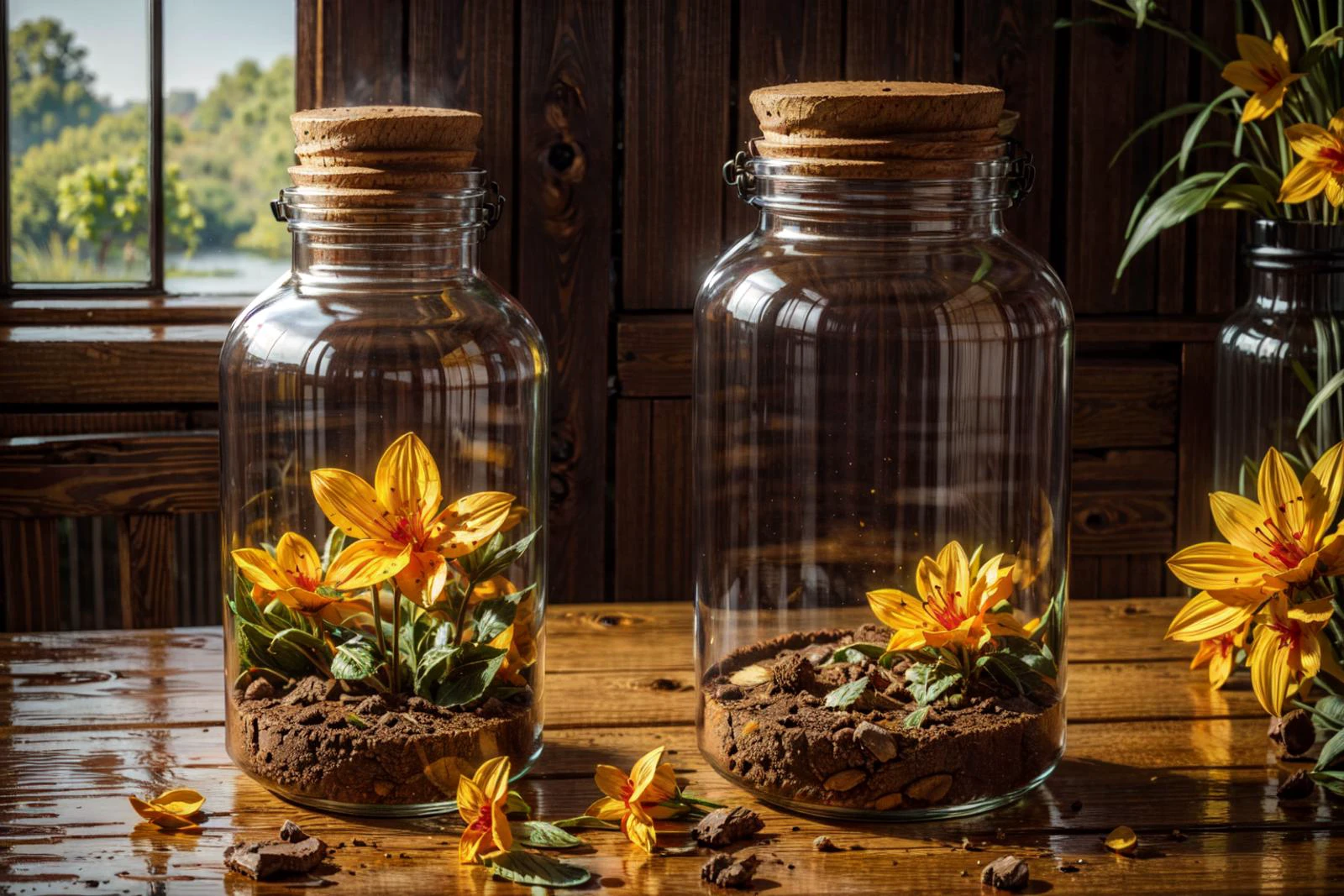 <lora:GlassBottle:0.8> ,((yellow flowers with soil In glass bottle, a bottle)), (water, splashing, water mist), wood, trees,
BREAK soft light, cinematic lighting, detailed(shadow),
BREAK <lora:more_details:0.8>,, extremely detailed, CG, finely detailed, (masterpiece, best quality):2.0,