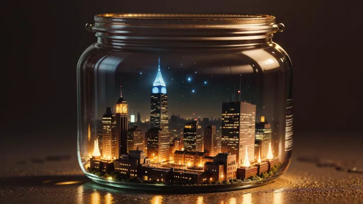 night light, bottle, in glass bottle, street, masterpiece, best best quality, high realistic, city, <lora:Bottle_Sora:0.4>, (masterpiece,best quality:1.5)