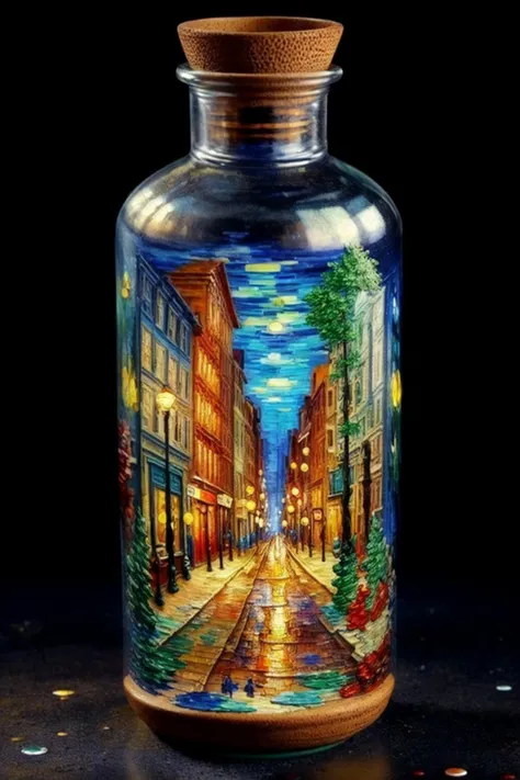 , bottle, in glass bottle, street, masterpiece, best best quality, high realistic, Pottery, messy environment, <lora:Bottle_Sora:0.4>, (masterpiece,best quality:1.5)