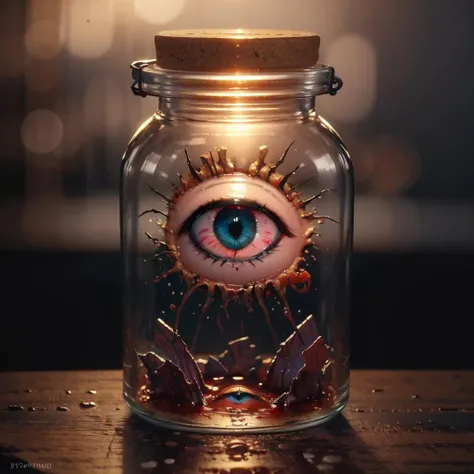 masterpiece, best quality, realistic, 8k, official art, ultra high res, cinematic lighting, horror \(theme\), 
(eyeballs:1.5),too many eyeballs,<lora:Bottle_Sora:0.6>,bottle, in glass bottle, on table, flesh, blood, disembodied limb, disembodied limb, blood, blood splatter,flower, bloom, (no human:1.3),