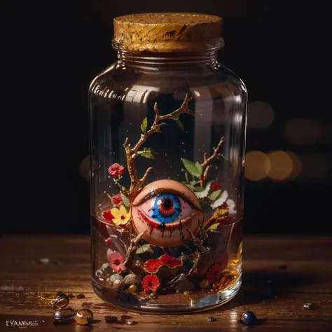 masterpiece, best quality, realistic, 8k, official art, ultra high res, cinematic lighting, horror \(theme\),
(eyeball:1.5),<lora:Bottle_Sora:0.6>,bottle, in glass bottle, on table, flesh, blood, disembodied limb, disembodied limb, blood, blood splatter,flower, bloom, (no human:1.3),
