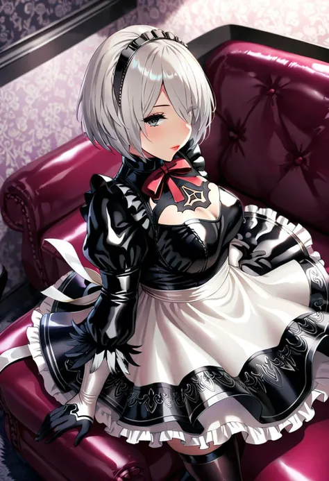 1girl, 2b \(nier:automata\), nier:automata, masterpiece, best quality, high quality, intricate, solo, princess dress, ribbon, lace, bow, frills, ruffles, layered dress, latex, glossy, creased, ribbon, red ribbon, maid, maid apron, maid headdress, latex maid, latex apron, diadem,
lipstick, full eyelashes, eyeshadow, eyeliner, mascara, makeup,
indoors, latex sofa, latex mansion, latex room,
cowboy shot, from above, highly detailed, majestic, shallow depth of field, movie still, hard light, circular polarizer, colorful, wallpaper