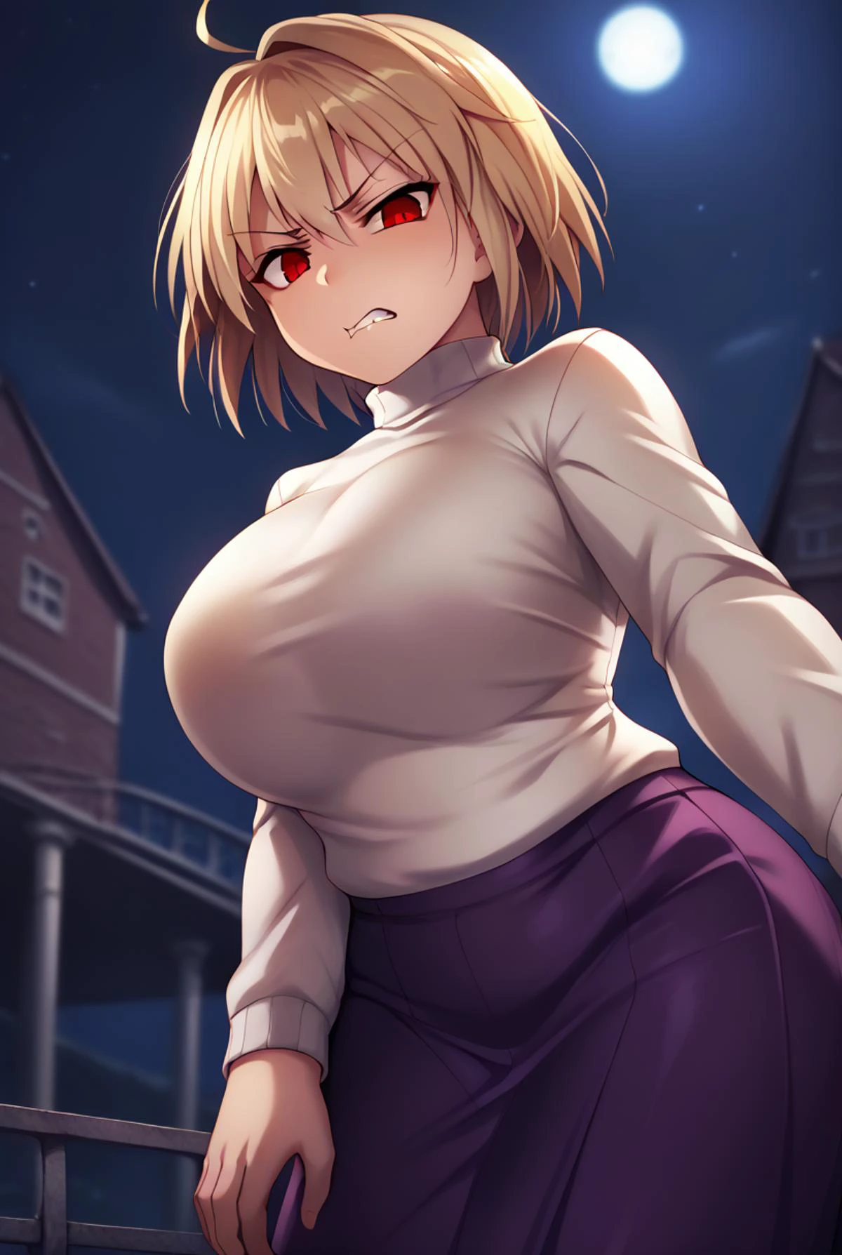 score_9, score_8_up, score_7_up,
masterpiece,8k,uncensored,(highres:1.3),high resolution, unity 8k wallpaper, detailed face, detailed CG, (perfect hands, perfect anatomy),
(high quality, best quality)(curvy:1.45)(shiny hair:1.2) (shiny skin:1.2) (oily skin:1.2) (uncensored:1.2)(big breasts,)
<lora:arcuid-brunestud-ponyxl-lora-nochekaiser:0.8> arcueid brunestud, blonde hair, red eyes, short hair, ahoge,, long skirt, purple skirt, skirt, sweater, turtleneck, white sweater,
backlighting, bridge, night sky,cowboy shot,
disgust, clenched teeth, shade face,(from below:1.1)bent over, looking at viewer,(stomping:1.5)
<lora:satoukuukiXLP6lokrV4236:0.8>,