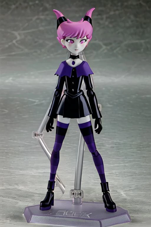 ((best quality)), ((highly detailed)), masterpiece, ((official art)), (detailed eyes, deep eyes), (1girl), <lora:jinxTeenTitans2003_v10:.65>, Jinx, pink hair, pink eyes, pale skin, blush stickers, choker, light-violet collar, violet dress, striped thighhighs, purple thighhighs, black thighhighs, <lora:figmaAnimeFigures:.8>, (figma), [realistic], [3d], (3dcg), ((octane render))