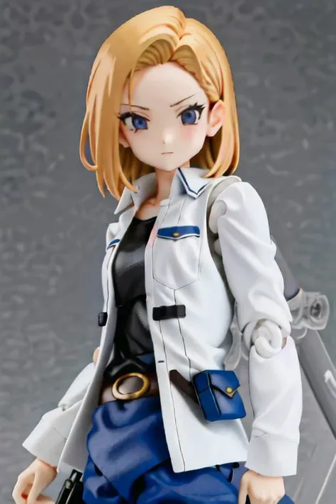 best quality, masterpiece, upper body, figma, android_18, and18, 1girl, blonde,white background, anime