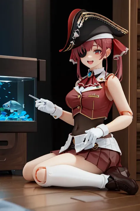 (masterpiece1.1), (high resolusion:1.2), ((best quality)), (8k, beautiful and aesthetic:1.2), highres, detailed CG, ultra detailed, 1girl, solo, detailed background, (add layer), (glistening:1, shiny skin:1.2), <lora:add_saturation:0.2> <lora:marine1:1> marinedef, pirate hat, eye patch, white gloves, mini skirt, smile, open mouth, sitting, <lora:figma1:1> figma, [realistic], [3d], (3dcg), ((octane render)), (room:1, aquarium:1.2)