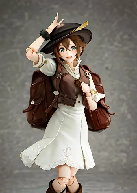 (masterpiece, best quality, absurdres:1.2),a photo of a girl,highly detailed,Teressa(octopath traveler),doll joints,flowers,1girl,solo,[realistic],rendered in blender,<lora:figma:1>,<lora:Tressa:0.65>,standing,white plain dress,brown leather vest,black hat with a feather ornament,1 large backpack,(smirk:0.3),[[realistic, 3d, 3dcg, rendered in blender, subsurface scattering]],kawaii,sparkling eyes,  perfect face