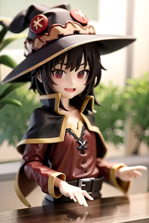 (masterpiece, best quality, safe, absurdres, foreshortening, fisheye:1.2), photo of a highly detailed (figma:1.2) of (megumin_1000, cape:1.3), doll_joints, 1girl, solo, (flowers:1.2), outdoors, [realistic, 3d, 3dcg, physically based rendering, rendered in blender, subsurface scattering]