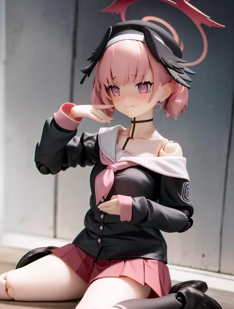 (masterpiece, best quality, absurdres:1.2), 1girl, photo of a highly detailed (figma:1.2) of (koharu:1.2),halo, pink eyes, ringed eyes, head wings, low wings, pink hair, blue archive school uniform, off shoulder, hat, red skirt, wariza,closed mouth,[realistic], <lora:figmaAnimeFigures_figma:0.8>, <lora:BlueArchivea_koharuV10:1>