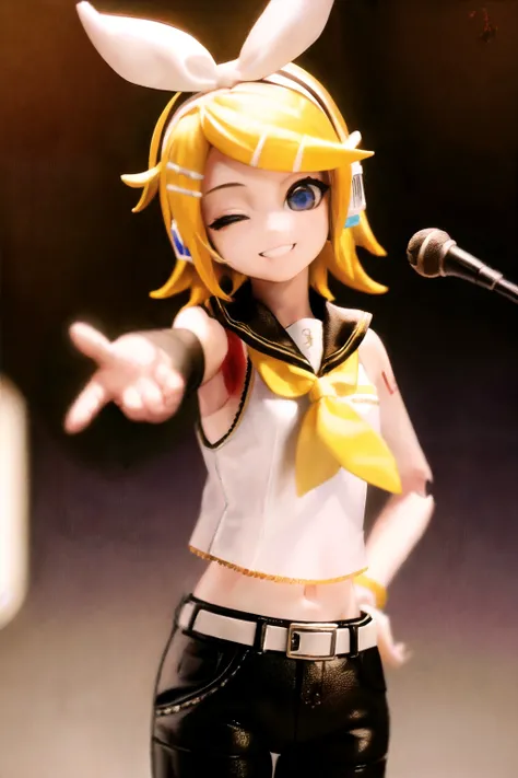 (masterpiece, best quality, absurdres, foreshortening, fisheye:1.2), photo of a highly detailed (figma) of (kagamine rin:1.2), 1girl, kagamine rin, short hair, yellow hair, headphone, upper body, smiling, hand behind head, hand behind back, solo, [realistic], rendered in blender, Scissorhands