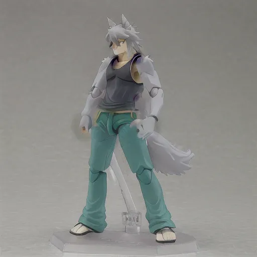 <lora:Kouya:.8> kouya  <lora:figmaAnimeFigures_figma:.9> figma, husky, wolf, anthro, full body, standing, black tank top, aquamarine pants, barefoot, nails, tail, [bulge]