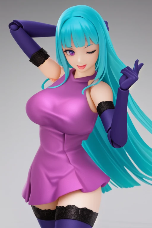 ((best quality)), ((highly detailed)), masterpiece, ((official art)), detailed face, beautiful face, (detailed eyes, deep eyes), (1girl:1.33, solo), <lora:figmaAnimeFigures:.7>, (figma), [realistic], [3d], (3dcg), ((octane render)), <lora:memeMeMeMe_meme:1>, meme, very long hair, (aqua hair), blunt bangs, (pink eyes), (pink dress), purple gloves, elbow gloves, purple thigh highs, one eye closed, licking lips, smiling, open mouth