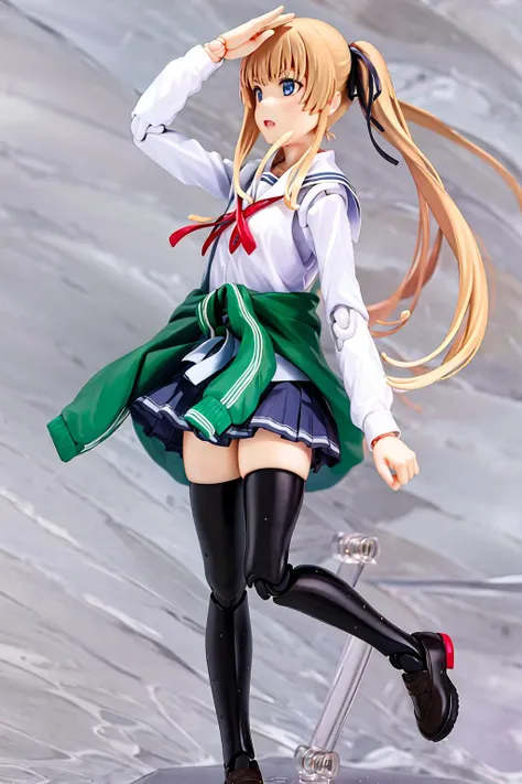 masterpiece, best quality, <lora:figures:1>, figma, water background, photo of a highly detailed (figma) of Eriri, 1girl, solo, school uniform, thighhighs, jacket around waist, [realistic], rendered in blender, <lora:eriri_high:1>