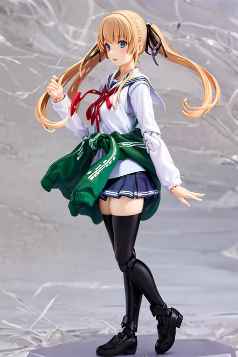 masterpiece, best quality, <lora:figures:1>, figma, water background, photo of a highly detailed (figma) of Eriri, 1girl, solo, school uniform, thighhighs, jacket around waist, [realistic], rendered in blender, <lora:eriri_high:1>