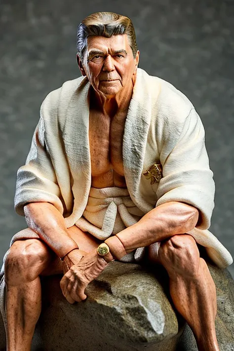 RAW,masterpiece, best quality,extremely detailed, figma,8k,wallpaper,(Award Winning Digital Artwork:1.3) of (Ultra detailed:1.3),(Lustful:1.3),(sexy:1.3) full figure, (Ronald Reagan:1.3), sittin in stone, (a bald eagle perching:1.2), red and gold robe, rtx, octane,(by Artist WLOP:1.3),CGSociety,ArtStation,(close portrait:1.3),(beautiful:1.4),(attractive:1.3),handsome,calendar pose,perfectly detailed eyes,studio lighting,thematic background, <lora:figmaAnimeFigures_figmaAlpha16:0.7>