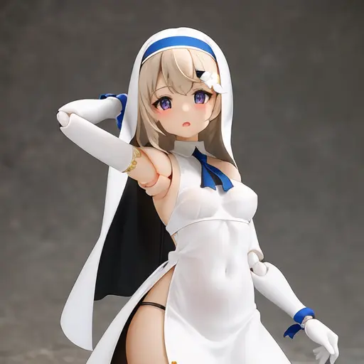 masterpiece, best quality, ultra-detailed,1 cute girl, armpits, bare shoulders, blush, breasts,(nun's dress), eyes visible through hair,hair ornament, halterneck, horizon, (sexy),look at viewer,
(figma),
parted lips, solo, standing, white flower,((no background))