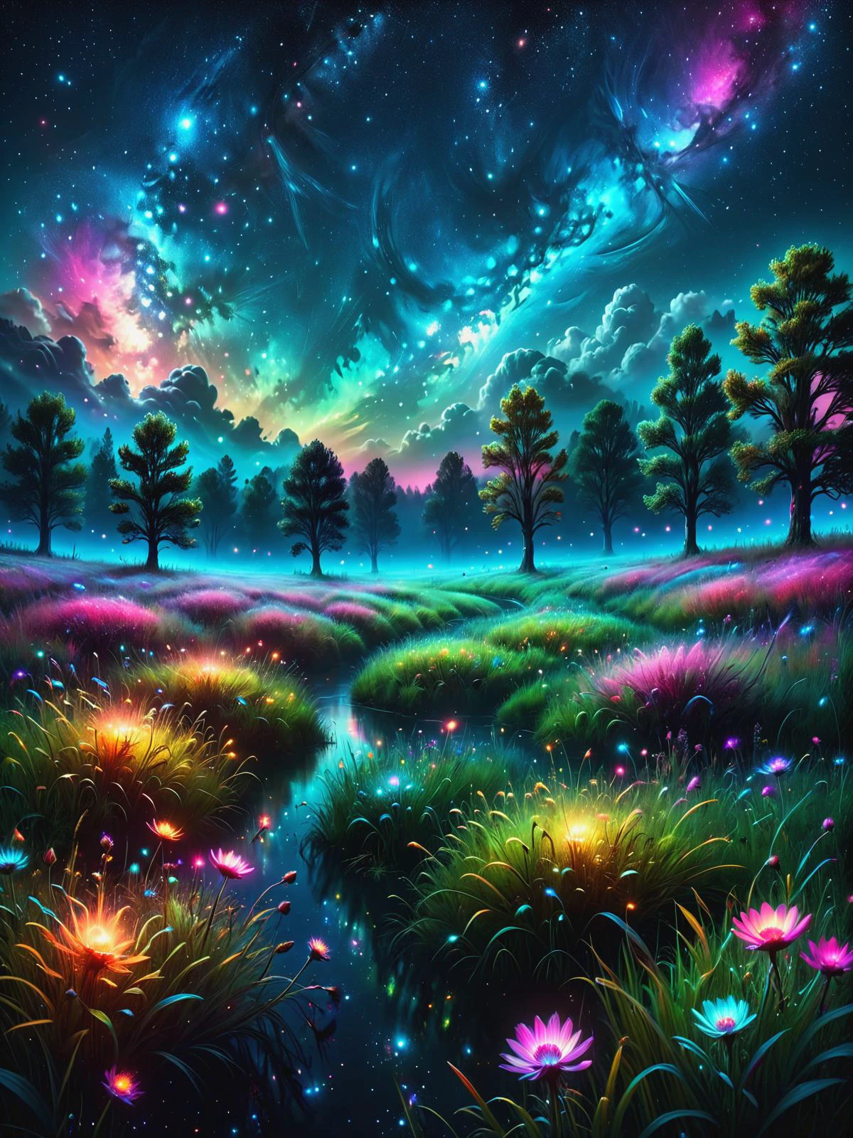 lush meadows at night with a colorful glowing mad-mbp mad-nbla in the night sky <lora:Space_Nebula_Style_SDXL:0.6> <lora:Glowing_Marbled_Paper_SDXL:0.6>, (masterpiece:1.2), best quality, (hyperdetailed, highest detailed:1.2), high resolution textures