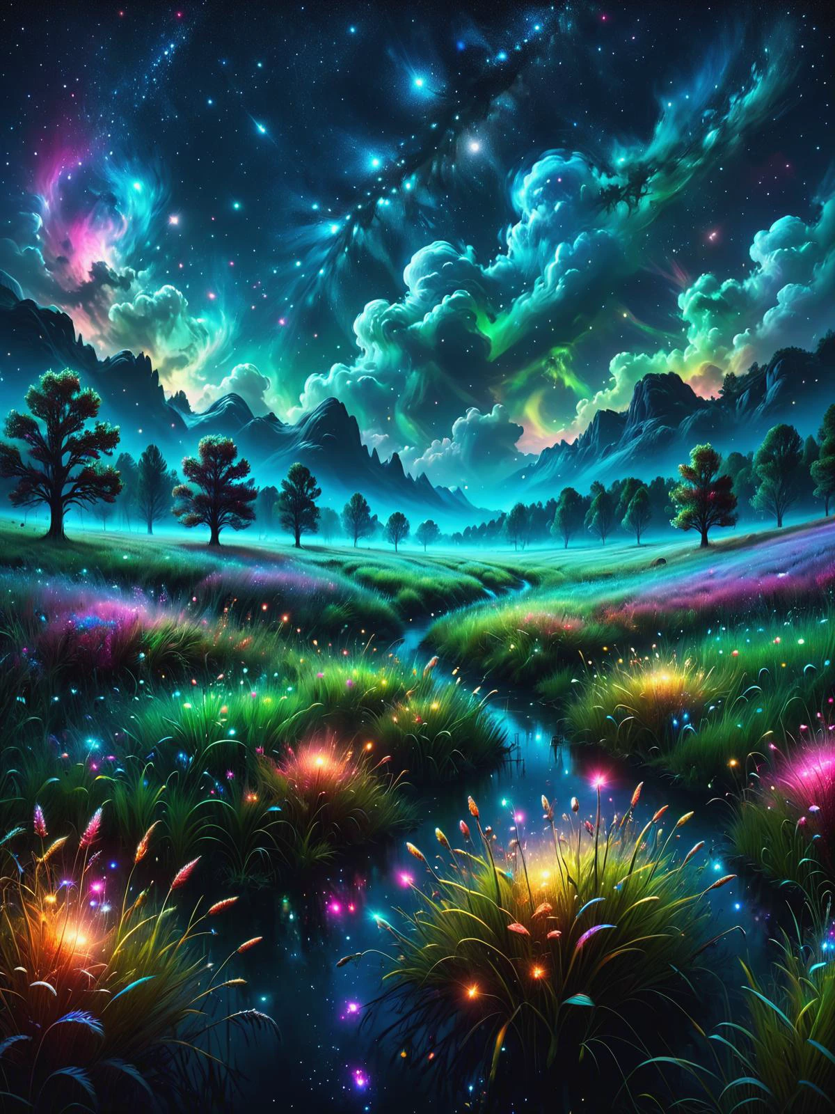 lush meadows at night with a colorful glowing mad-mbp mad-nbla in the night sky <lora:Space_Nebula_Style_SDXL:0.6> <lora:Glowing_Marbled_Paper_SDXL:0.6>, (masterpiece:1.2), best quality, (hyperdetailed, highest detailed:1.2), high resolution textures