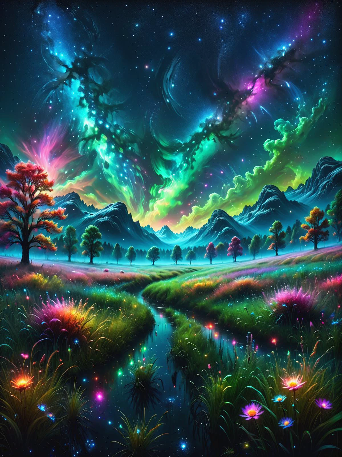 lush meadows at night with a colorful glowing mad-mbp mad-nbla in the night sky <lora:Space_Nebula_Style_SDXL:0.6> <lora:Glowing_Marbled_Paper_SDXL:0.6>, (masterpiece:1.2), best quality, (hyperdetailed, highest detailed:1.2), high resolution textures
