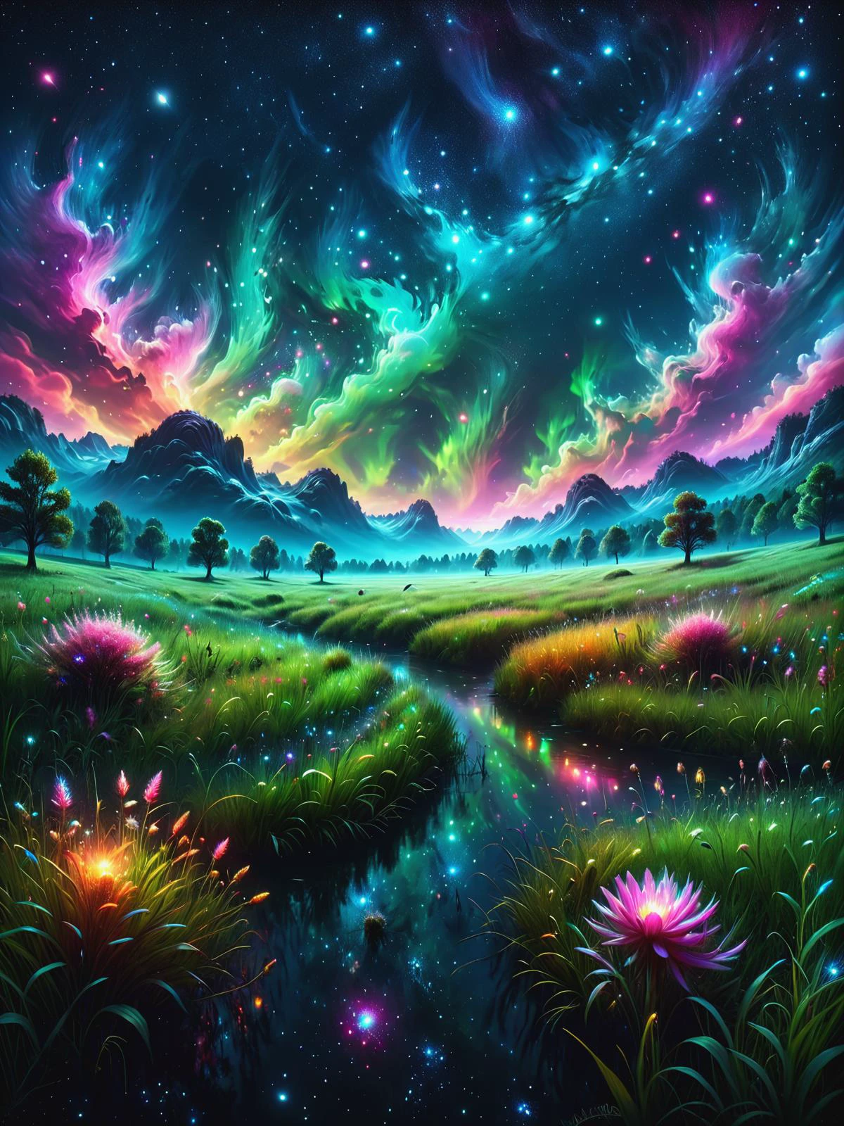 lush meadows at night with a colorful glowing mad-mbp mad-nbla in the night sky <lora:Space_Nebula_Style_SDXL:0.6> <lora:Glowing_Marbled_Paper_SDXL:0.6>, (masterpiece:1.2), best quality, (hyperdetailed, highest detailed:1.2), high resolution textures