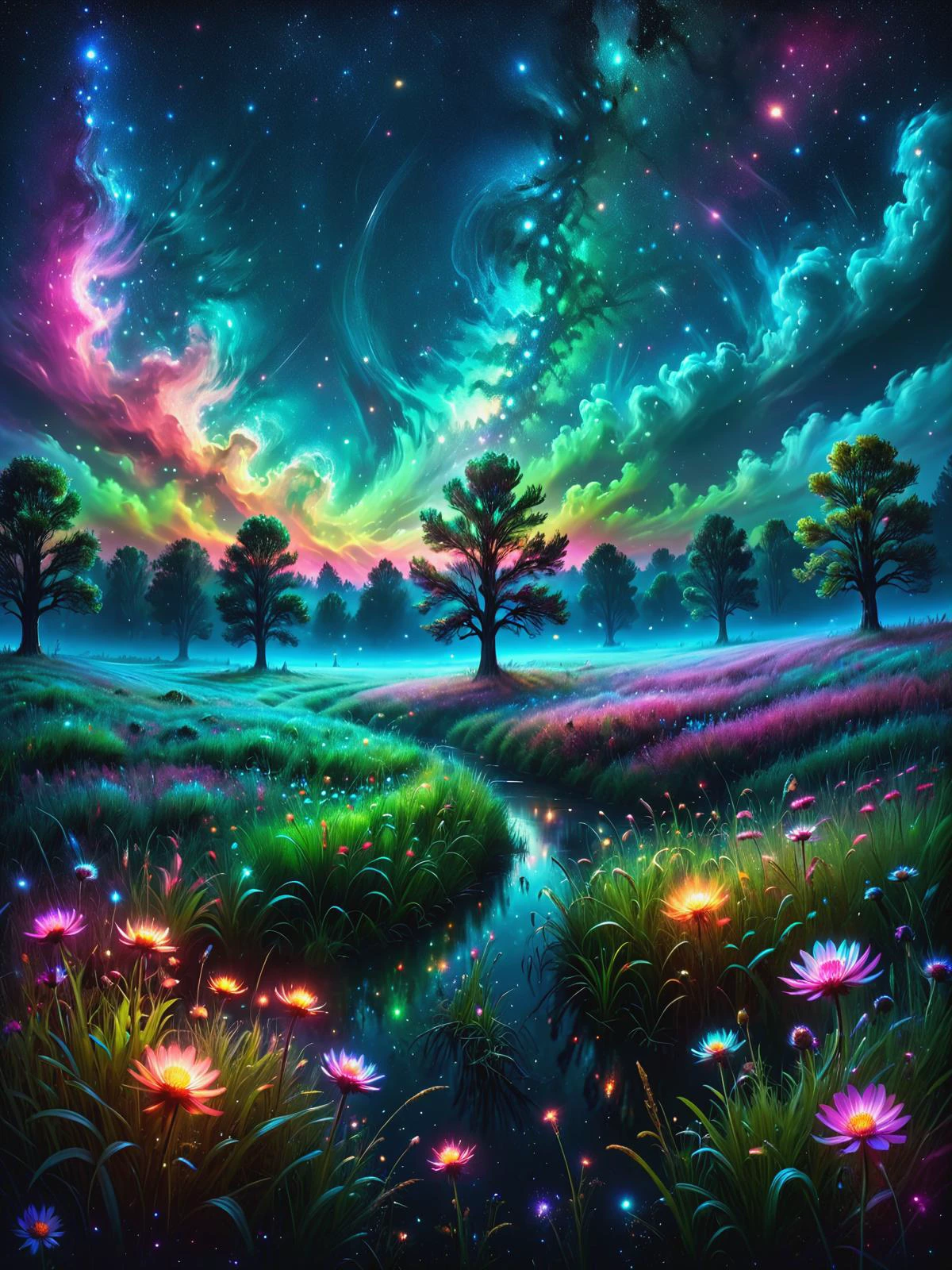 lush meadows at night with a colorful glowing mad-mbp mad-nbla in the night sky <lora:Space_Nebula_Style_SDXL:0.6> <lora:Glowing_Marbled_Paper_SDXL:0.6>, (masterpiece:1.2), best quality, (hyperdetailed, highest detailed:1.2), high resolution textures