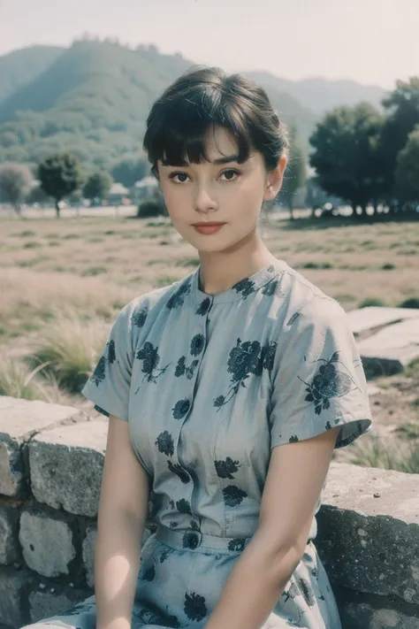 1girl,realistic,best quality,looking_at_viewer,(picturesque:1.3),<lora:Audrey Hepburn:0.9>,(bangs:1.2),(print_dress:1.3),<lora:èç§ç:0.5>,dust,Yellowed Old Photo,