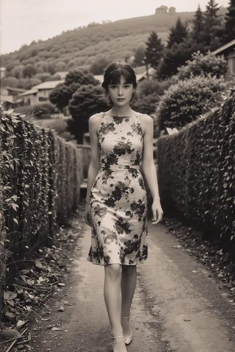 1girl,realistic,best quality,looking_at_viewer,(picturesque:1.3),<lora:Audrey Hepburn:0.9>,(bangs:1.2),(full body:1.2),(print_dress:1.3),<lora:èç
§ç:0.5>,sepia old photo,