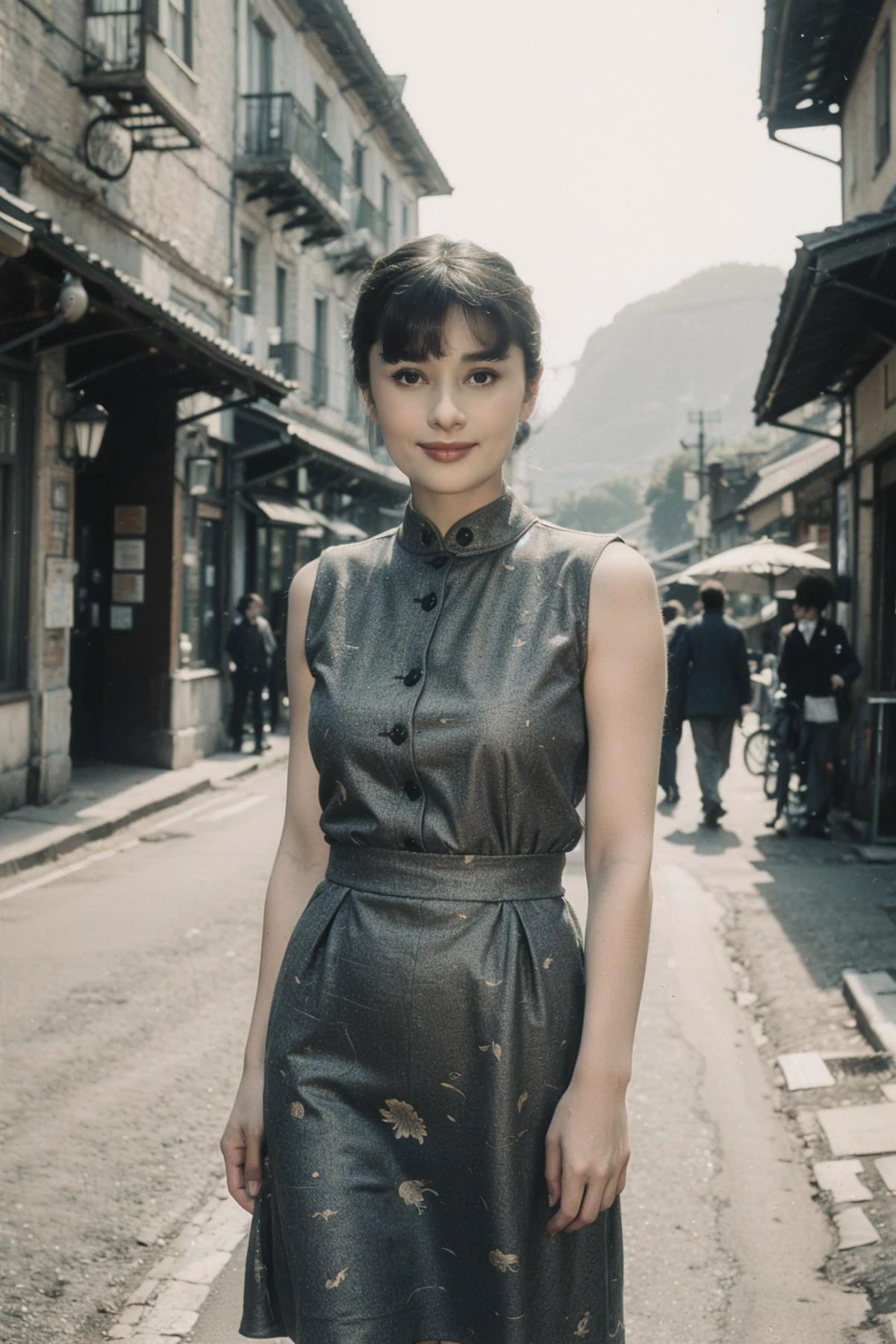 1girl,realistic,best quality,looking_at_viewer,(picturesque:1.3),<lora:Audrey Hepburn:0.9>,(bangs:1.2),(print_dress:1.3),<lora:èç
§ç:0.5>,dust,Yellowed Old Photo,smile,