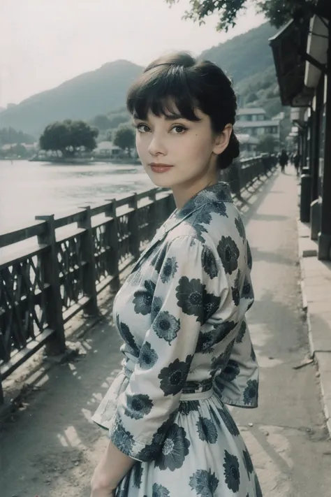 1girl,realistic,best quality,looking_at_viewer,(picturesque:1.3),<lora:Audrey Hepburn:0.9>,(bangs:1.2),(print_dress:1.3),<lora:èç§ç:0.5>,dust,Yellowed Old Photo,