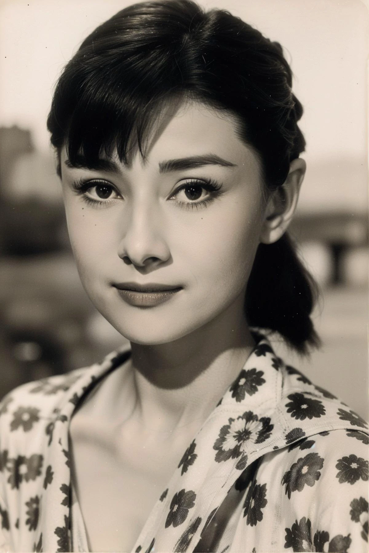 1girl,realistic,best quality,looking_at_viewer,(picturesque:1.3),<lora:Audrey Hepburn:0.9>,(bangs:1.2),(print_dress:1.3),<lora:èç
§ç:0.5>,dust,Yellowed Old Photo,smile,