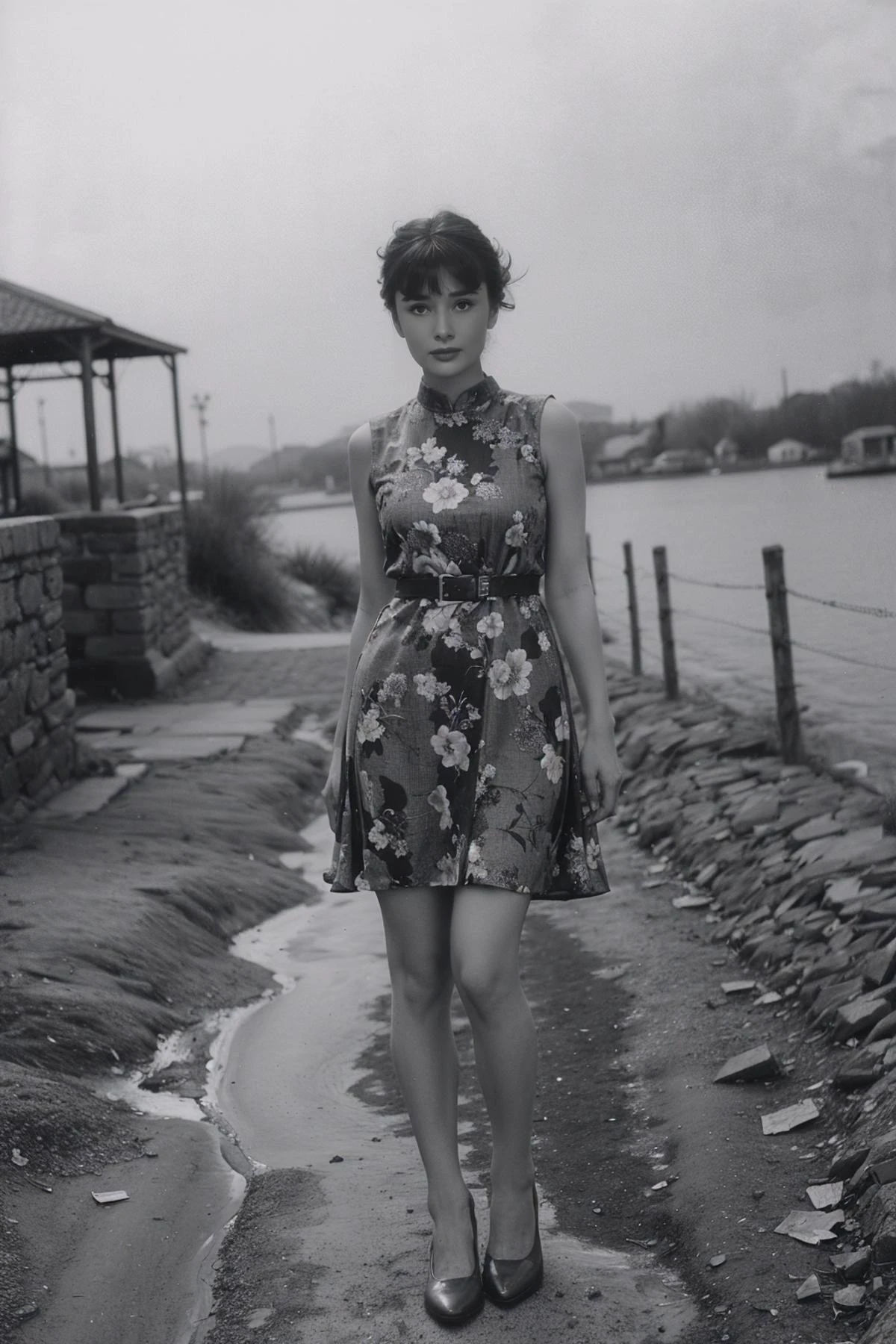 1girl,realistic,best quality,looking_at_viewer,(picturesque:1.3),<lora:Audrey Hepburn:0.9>,(bangs:1.2),(full body:1.2),(print_dress:1.3),<lora:èç
§ç:0.5>,grayscale Old Photo,