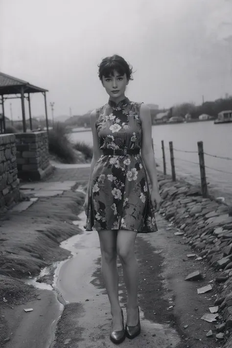 1girl,realistic,best quality,looking_at_viewer,(picturesque:1.3),<lora:Audrey Hepburn:0.9>,(bangs:1.2),(full body:1.2),(print_dress:1.3),<lora:èç§ç:0.5>,grayscale Old Photo,