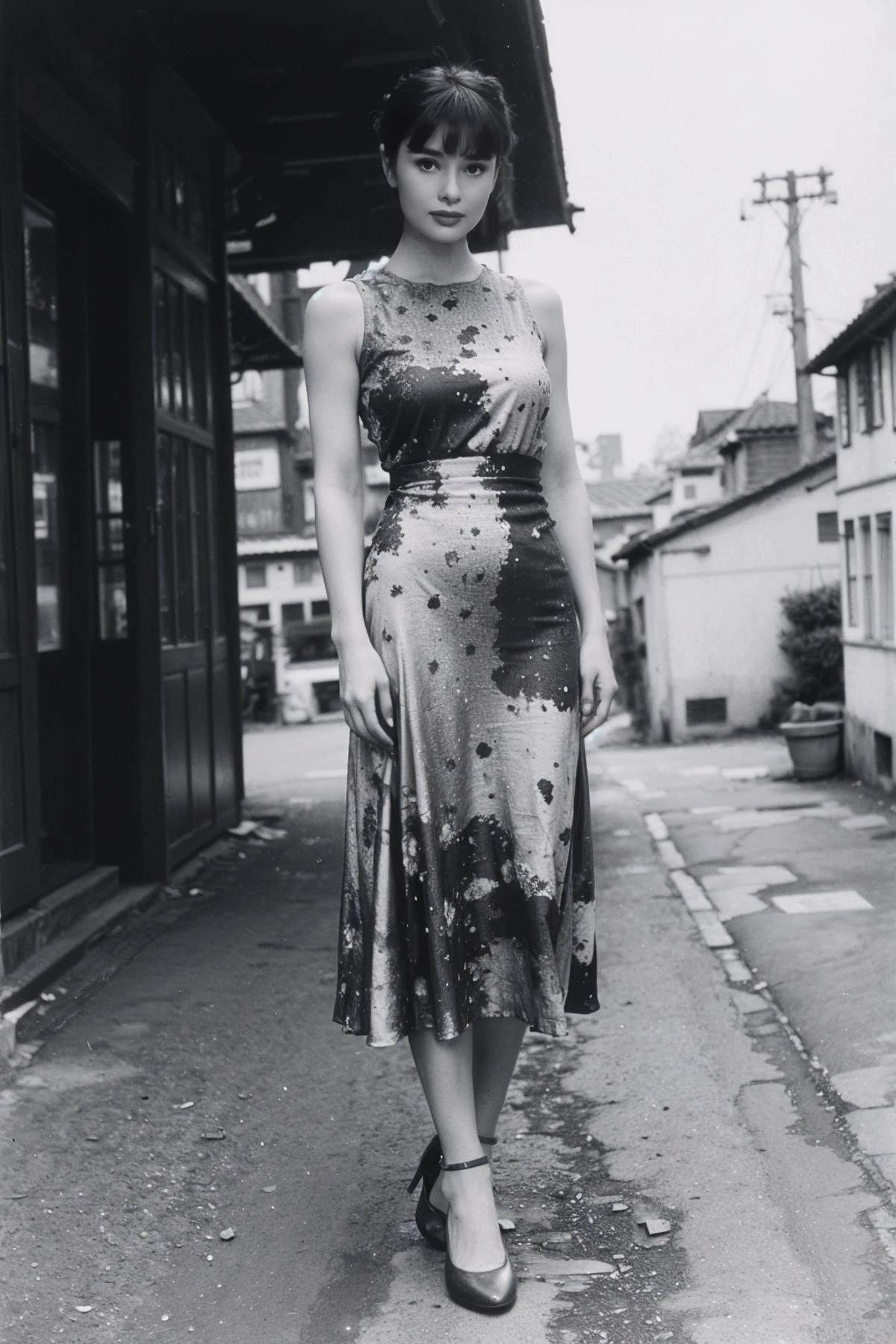 1girl,realistic,best quality,looking_at_viewer,(picturesque:1.3),<lora:Audrey Hepburn:0.9>,(bangs:1.2),(full body:1.2),(print_dress:1.3),<lora:èç
§ç:0.5>,grayscale Old Photo,