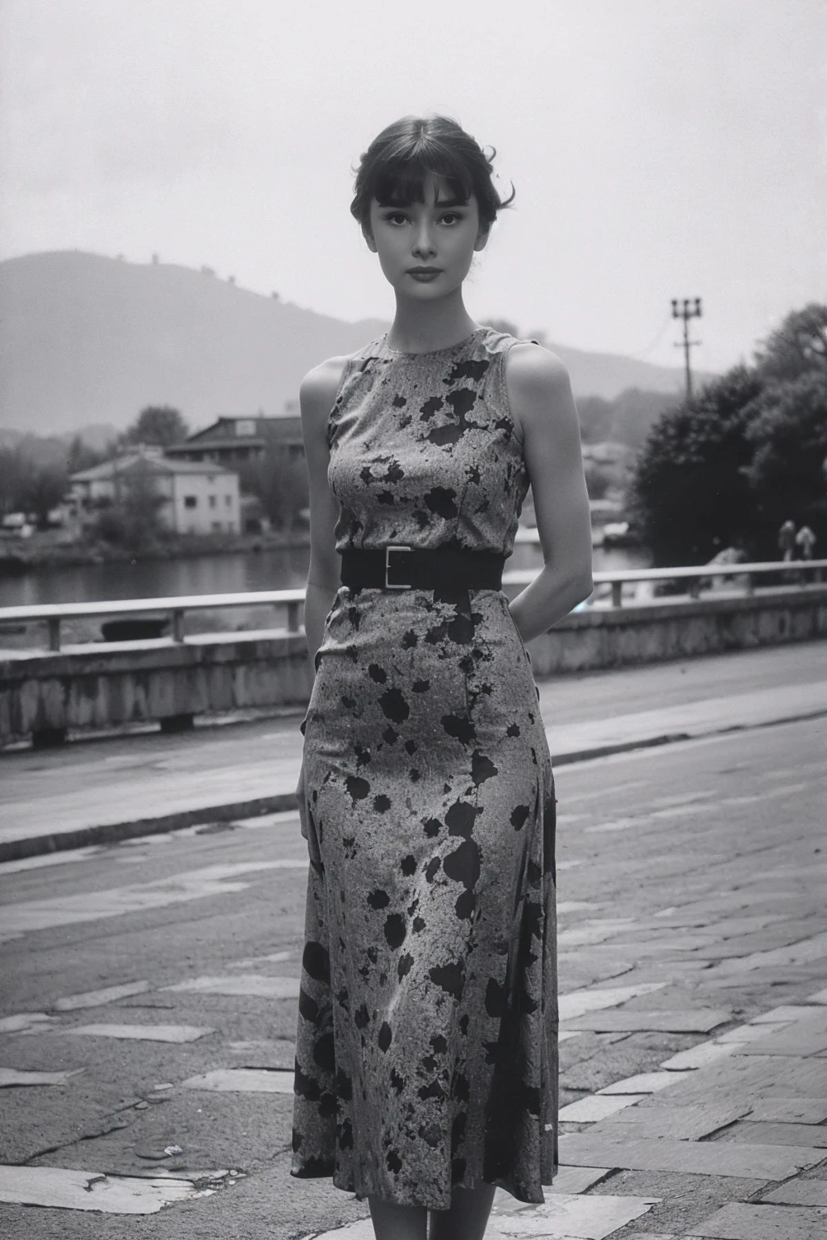 1girl,realistic,best quality,looking_at_viewer,(picturesque:1.3),<lora:Audrey Hepburn:0.9>,(bangs:1.2),(print_dress:1.3),<lora:èç
§ç:0.5>,grayscale Old Photo,