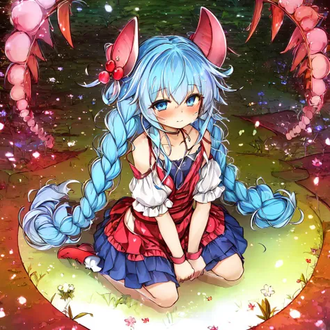 Traptrix, (best quality, masterpiece1.2), solo, 1girl, long blue hair, twin braids, blue eyes, on knees, blush, best quality, highres, <lora:Traptrix-10:1>