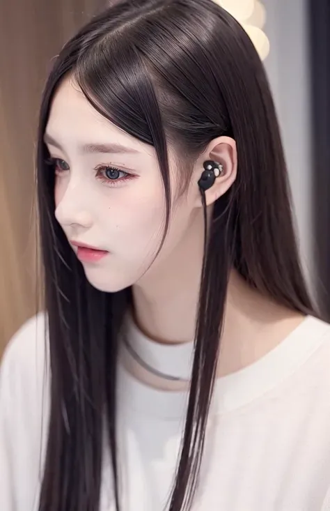 <lora:97TOUHR:1>, 1girl, solo, hair ornament, black hair, long hair, portrait, hairclip, earbuds, earphones, shirt, mole, realistic, mole under eye, black eyes,