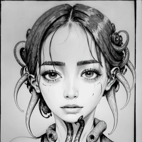 1girl with tentacles sprouting from her face, portrait, <lora:ChonozbergStyle:1.2> ChonozbergStyle, simple background,