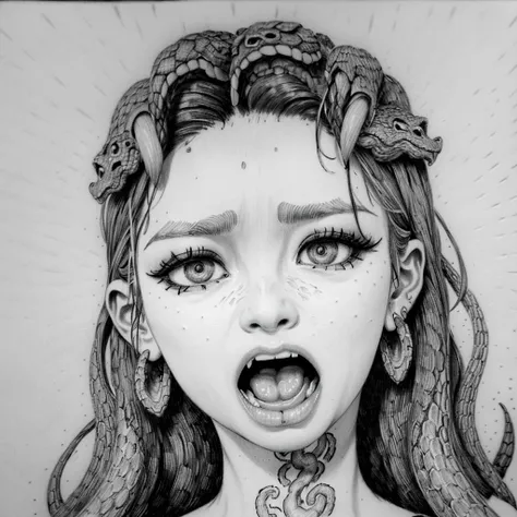 1girl, portrait, <lora:ChonozbergStyle:1> ChonozbergStyle, simple background, intricate linework tattoo on forehead, fangs, screaming, snake scale skin, medusa hair, pointillism, stippling