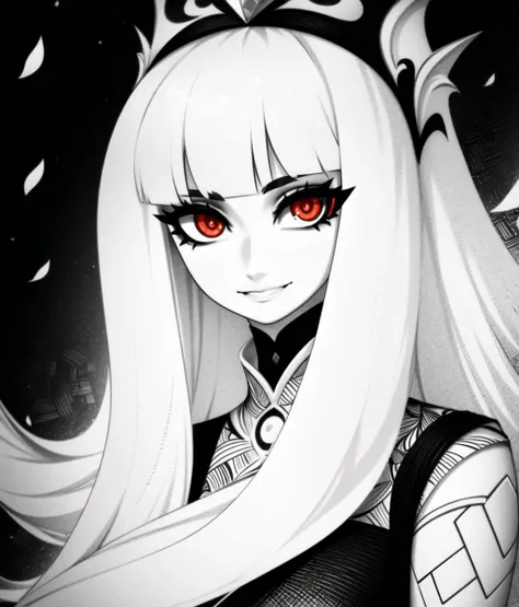 ((masterpiece, Best quality, high quality, highly detailed)), ChonozbergStyle, ((gs2, red, black, white, ice, leaves, swirl)), (1girl), 1girl, solo, upper half of body in frame, Grayscale hatching, ringed eyes, facing towards the side, looking at viewer, smile, long hair, white hair, black highlights, greyscale skin, (dynamic), callous, royal
<lora:GoodHands-beta2:1> <lora:ChonozbergStyle:1> <lora:GenshinSplashV4:1>