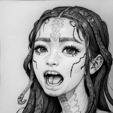 1girl, portrait, <lora:ChonozbergStyle:1> ChonozbergStyle, simple background, intricate linework tattoo on forehead, fangs, screaming, snake coiling from mouth