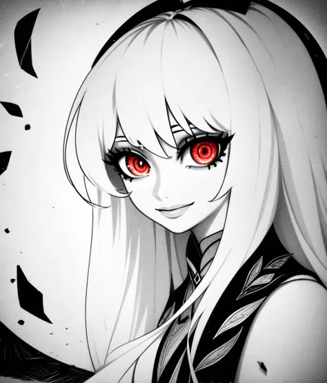 ((masterpiece, Best quality, high quality, highly detailed)), ChonozbergStyle, gs2, (black, white, red, ice, leaves), (1girl), 1girl, solo, upper half of body, ringed eyes, facing towards the side, looking at viewer, smile, long hair, white and black hair, greyscale skin, dynamic
<lora:GoodHands-beta2:1> <lora:ChonozbergStyle:1> <lora:GenshinSplashV4:1>